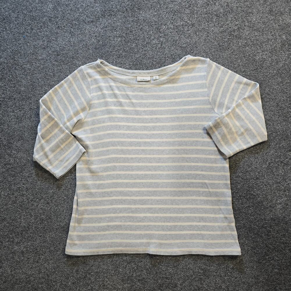 LL Bean Sweater Womens Size Large Gray Striped French Sailor Boat Neck Preppy